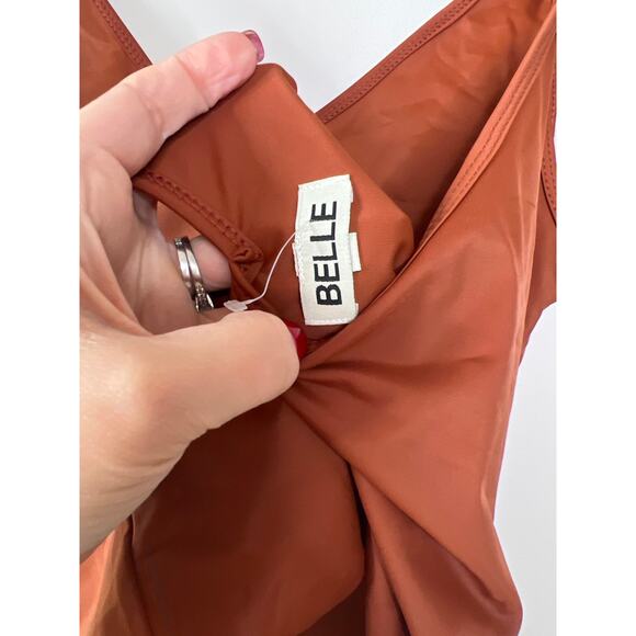 NEW Belle The Label Deep V Neck One-Piece Pull On Tie Strap  Swimsuit Brown XL - Picture 6 of 8